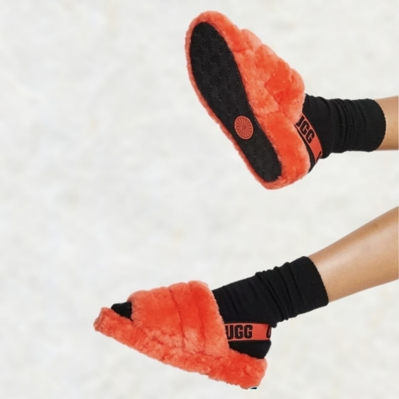 Ugg Fluff Yeah Slide Furry Fuzzy Slipper, Graphic Logo Elastic Strap Hazard sz 6 - Picture 2 of 10